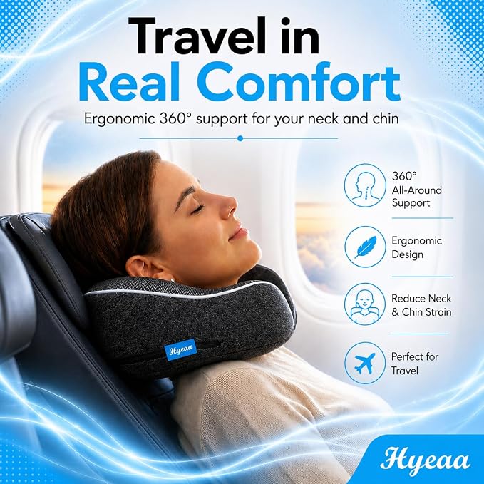 Travel Pillows for Airplanes - Memory Foam Neck Pillow for Sleeping and Travel - 360° Support Airplane Pillow Set with Eye Mask, Earplugs & Luggage Scale, Portable Travel Essentials - Dark Grey. - Image 2