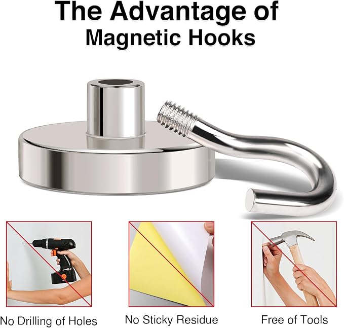 Magnetic Hooks Heavy Duty 120LB+ Strong Magnet with Hook | Super Neodymium Cruise Hooks Locker Organizer Industrial Hook for Hanging Magnetic Hanger for Cruise Grill 8 Pack - Image 5