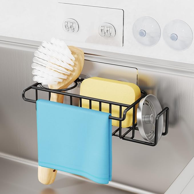 HapiRm 4 in 1 Kitchen Organizers and Storage, SUS304 Stainless Steel Brush Holder + Dish Cloth Hanger + Soap Rack + Sink Stopper Rack, No Drill Kitchen Essentials - Black by HapiRm
