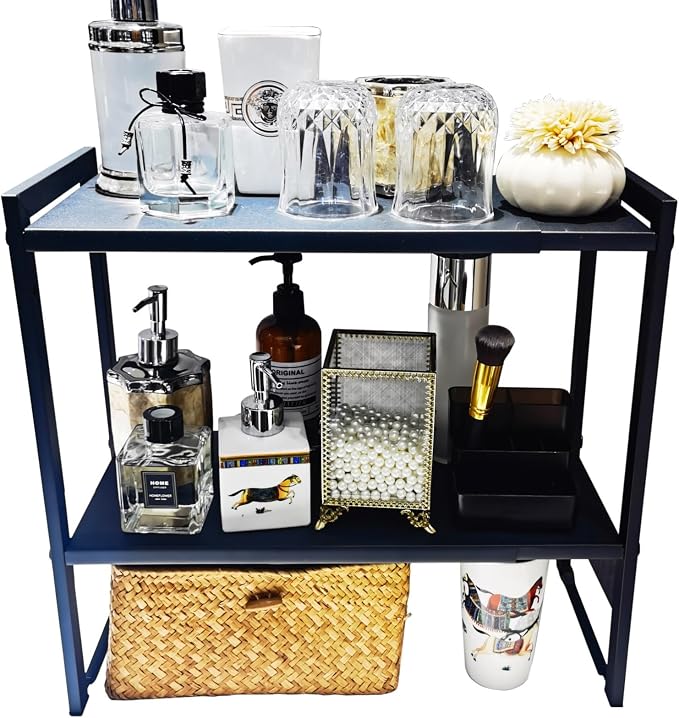 2 Tier Expandable Cabinet Shelf Organizer 14.5-25" L Kitchen Counter Shelf Rack Stand Sink Riser Countertop Storage Black (Normal 7.9”D) - Image 9