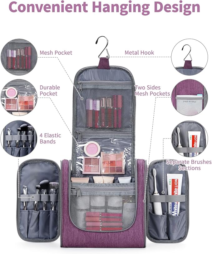Hanging Toiletry Bag for Women Travel Makeup Bag Organizer Toiletries Bag for Cosmetics Essentials Accessories (Large, Dark Purple) - Image 2