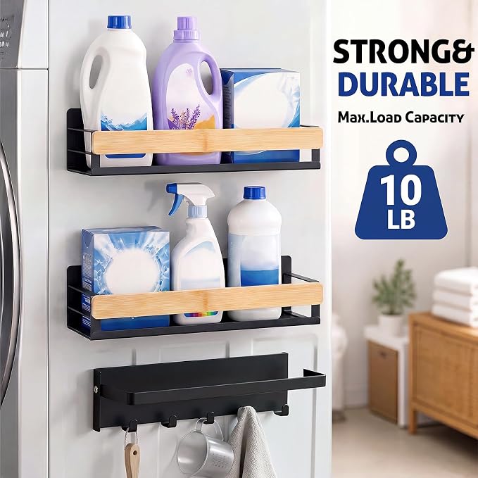 Bamboo 3 Pack Magnetic Shelves for Washing Machine, Black Bamboo | Magnetic Laundry Shelf, Laundry Room Organization, Heavy-duty Storage for Kitchen Refrigerator, Detergent Holder with Hooks - Image 7