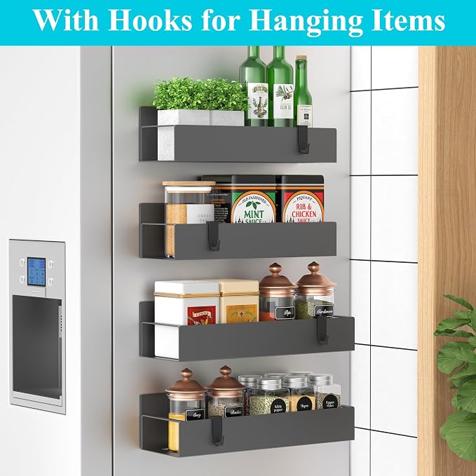 HuggieGems Metal Magnetic Spice Rack for Refrigerator Dark Gray, 4 Pack | Magnetic Shelves Heavy Duty for Fridge in Kitchen, Seasoning Storage Organizer, For Oven Washer and Dryer, For Heavier Items - Image 3