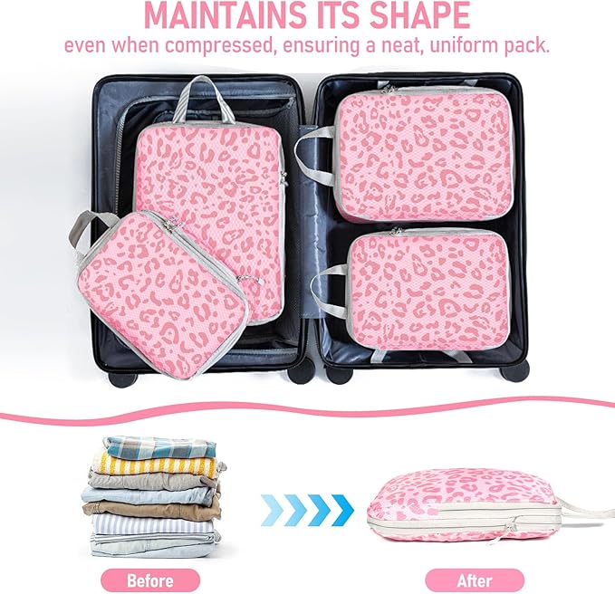 6 Set Compression Packing Cubes, Suitcase Organizer, Lightweight Travel Essentials, Compression Bags For Travel Accessories Luggage Storage Set (6Pcs, Pink Leopard) - Image 5