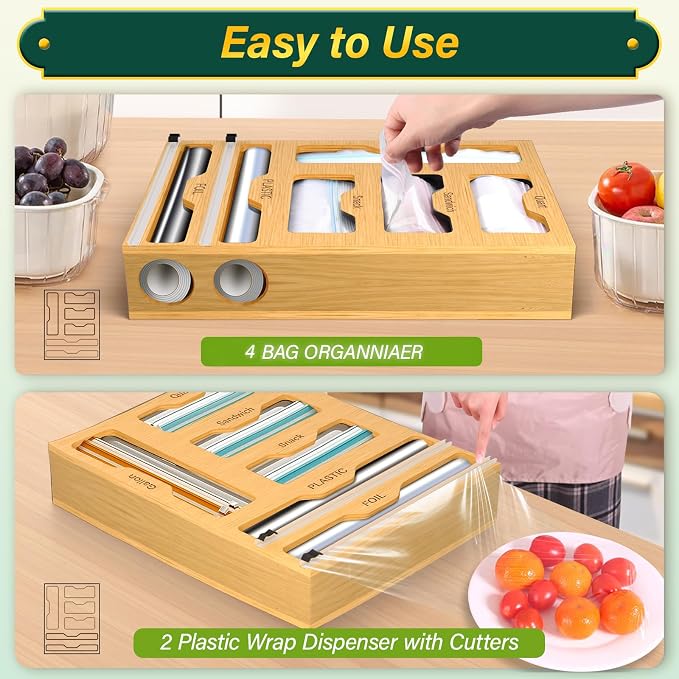 KOCWELL Bag Organizer and Plastic Wrap Dispenser with Cutter, 6 In 1 Bamboo Foil and Plastic Wrap Organizer for Kitchen Drawer, Food Storage Bag Organizer for Gallon,Quart,Sandwich,Snack(Yellow) - Image 4