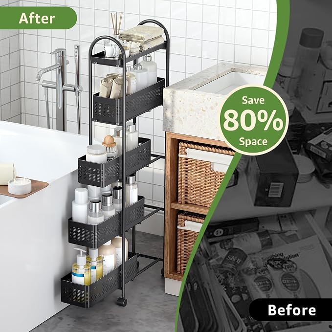KINGRACK 5 Tier Slim Rolling Cart with Drawer, Metal Utility Storage Cart | 4 Pull-out Baskets, Lockable Wheels, Narrow Space Trolley Organizer for Bathroom, Kitchen, Office, Dorm, Laundry Room, Black - Image 7