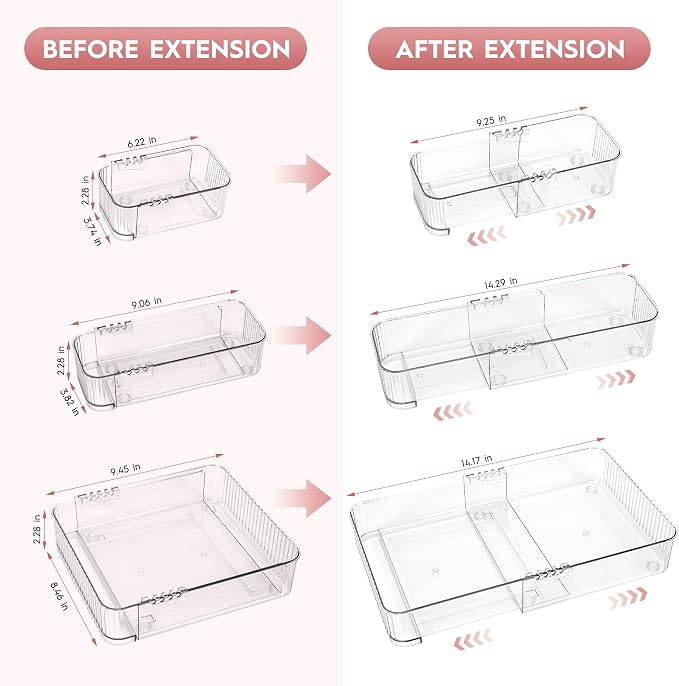 Expandable Drawer Organizer Set, Clear Adjustable Drawer Dividers, 4-Piece Storage Trays for Kitchen, Bathroom, Makeup, Office, Durable PET Material - Image 5