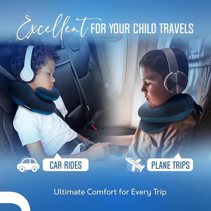 BCOZZY 8-12 Y/O Kids Travel Pillow for Car & Airplane, Soft Kids Neck Pillow for Traveling in Car Seat, Provides Double Support for Toddlers Head & Chin in Road Trips, Washable, Medium Size, Navy - Image 4