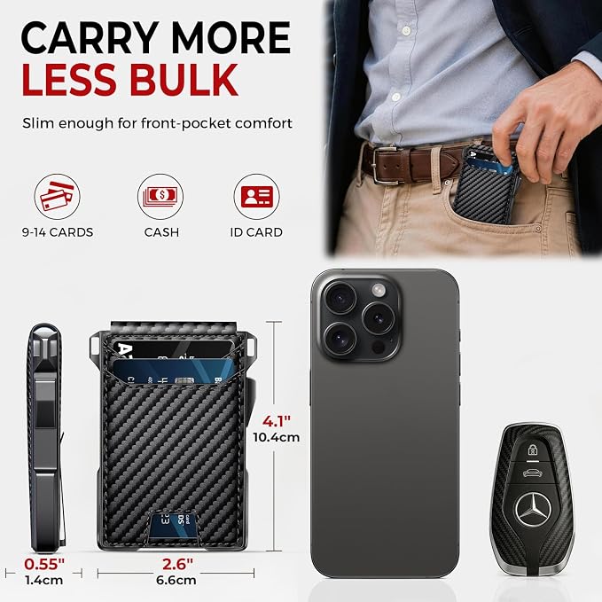 RUNBOX Wallet for Men, Mens Minimalist Wallet Holds 14 Cards, Compact Pop Up Wallet with Dual ID Windows & Money Clip, RFID Blocking Flip Up Card Holder, Metal Aluminum Credit Card Case Bifold Wallet - Image 7