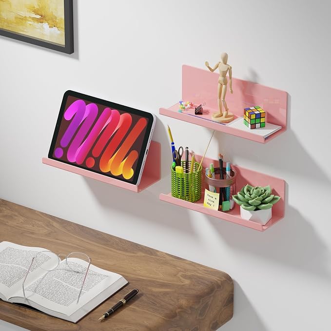 PAVSTINE Adhesive Floating Shelves for Wall No Drilling, 12 Inch Acrylic Self Adhesive Shelves, Stick on Shelves, Dorm Wall Shelf, for Bathroom, Kitchen, Bedroom, Office, Gaming Room, Pink - Image 5