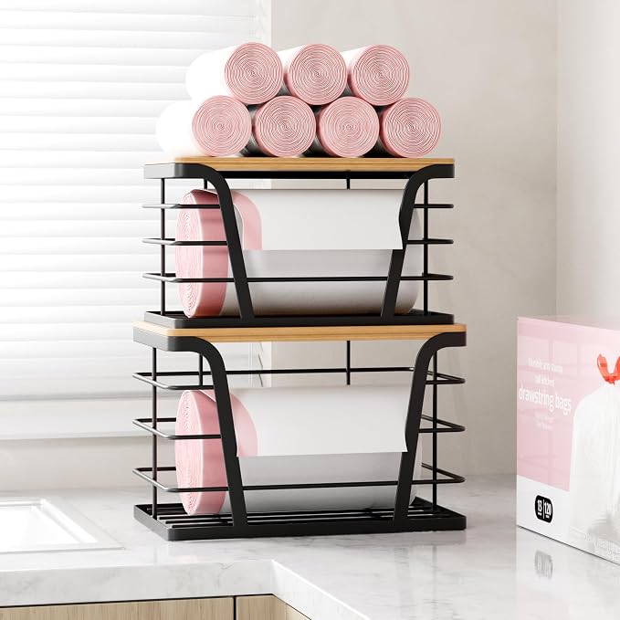 TIDIIABODE 2 Pack Stackable Storage Laundry Kitchen Organizers, Wall Mount Trash Bag Holder with Bamboo Top and Garbage Bag Dispenser No Drill - Image 8