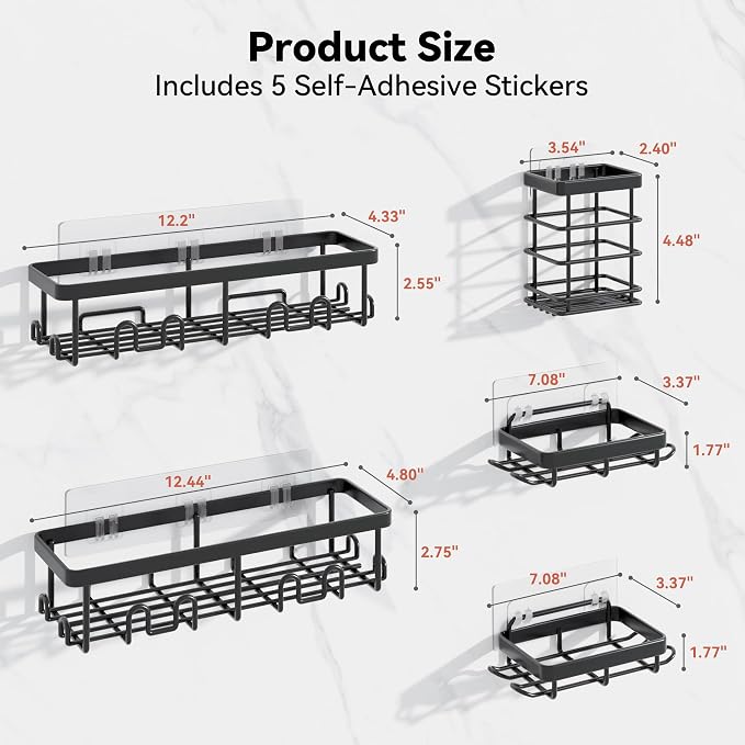 Shower Caddy Adhesive, Rustproof Shower Organizer, Wall Shower Rack | Large Capacity Shower Shelves for Inside Shower, Shampoo Shower Holder, Black, 2 Caddies, 2 Soap Dishes, 1 Toothbrush Holder - Image 7