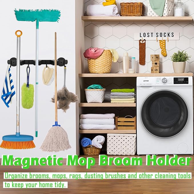 Strong Magnetic Mop Broom Holder, Heavy Duty Magnetic Mop Hanger for Refrigerators, Anti-Slip Magnet Wall Mounted Broom Holder Storage Rack for Laundry Garage Kitchen Workshops Shed - Image 2