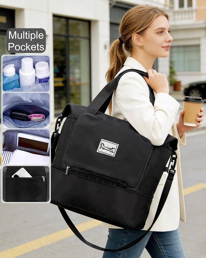 Foldable Travel Duffel Bag for Women, Black | 40L Expandable Water-Resistant Carry on Bag, Personal Item Travel Bag Flight Approved with Wet Pocket for Gym Travel, Nylon - Image 3