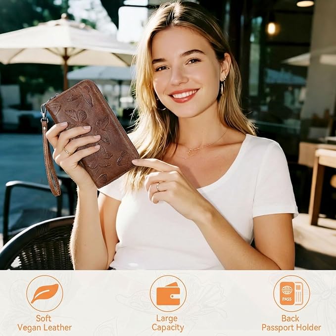 BELTANA Womens Wallet RFID Wallet Women with Passport Holder Butterfly Vegan Leather Multi Card Slots Wallets Large Capacity Wristlet Travel Purse for Women (Coffee) - Image 2
