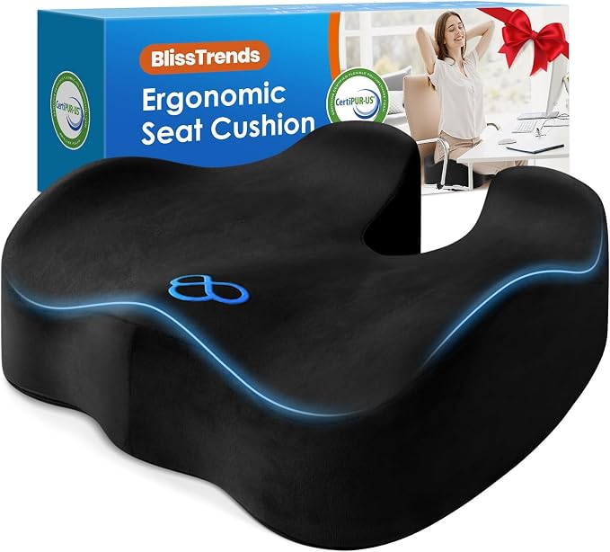 BlissTrends Thick Seat Cushion for Office Chair & Car Seat, XL, Black | 5.2in Memory Foam with Removable Velvet Cover, Ergonomic Tailbone & Sciatica Support for Pressure Relief and Long Sitting by BlissTrends