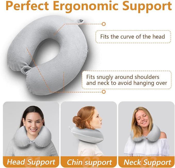 Travel Pillow, Memory Foam Neck Pillow for Traveling Winter Summer, U Shape Neck Pillow Airplane Portable Flight Pillow Adult Travel Neck Pillow for Plane Train Car Home Office - Grey - Image 4