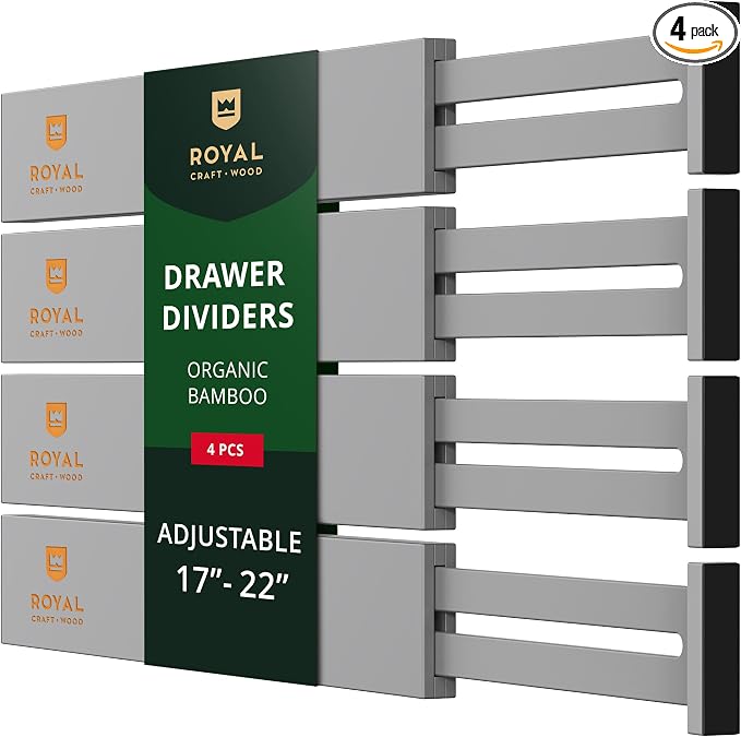 Bamboo Drawer Dividers Organizers, Adjustable Drawer Separator Splitters, 17–22 Inches Expandable Drawer Divider Organizer for Large Utensils, Kitchen, Bedroom, Dresser & Office Drawers 4-Pack, Gray by ROYALCRAFTWOOD