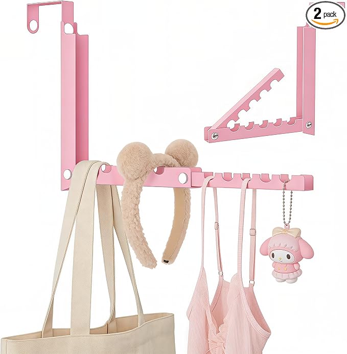Pink Over the Door Hooks,Foldable Over the Door Hanger for Clothes | Heavy-duty for up to 1 3/4" thick door, with 10 slots for hanging clothes, perfect for laundry rooms and bedrooms to hang by WLCSNG