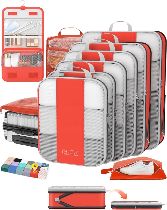 OlarHike 10 Set Compression Packing Cubes for Travel Essentials,Compressible Expandable Space Saver Bags for Organizing Clothes,Luggage Suitcase Garment Bags with Over 1000 pcs Mesh Holes(Orange) - Image 9