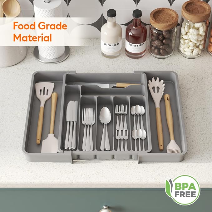 Lifewit Expandable Silverware Drawer Organizer, Kitchen Utensil Tray | BPA-free Plastic Flatware Cutlery Holder, Space-Saving Storage for Spoons Forks Knives, 11.8-19.6 x 15“, Gray - Image 9