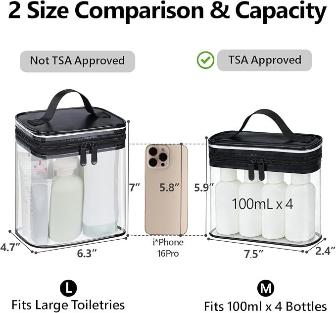 Clear Makeup Bag for Travel - TSA Approved Toiletry Bag, 2 Black | 1 Medium Quart Carry-On & 1 Large Checked-Luggage, Top Handle, Double Metal Zippers, 180° Opening, Clear Easy-Check, Women - Image 3