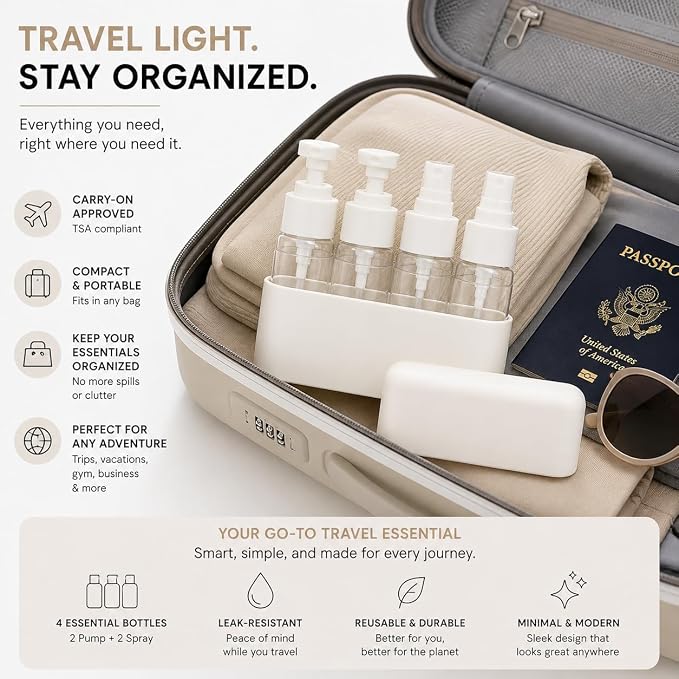 Travel Bottles for Toiletries (2 Pump + 2 Spray), TSA Approved 1.7oz/50ml Travel Containers Set with Case, Leak Proof Skincare Travel Kit for Lotion, Cleanser, Toner & Facial Mist - Image 5