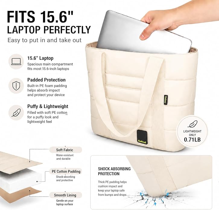 Tote Bag for Women, Lightweight Puffy Tote Bag with Compartments Handbag Fits 15.6'' Laptop for Work, Gym, Shopping - Image 4