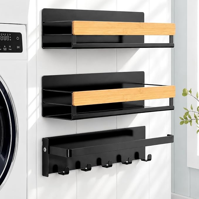 Bamboo 3 Pack Magnetic Shelves for Washing Machine, Black Bamboo | Magnetic Laundry Shelf, Laundry Room Organization, Heavy-duty Storage for Kitchen Refrigerator, Detergent Holder with Hooks by Junkin