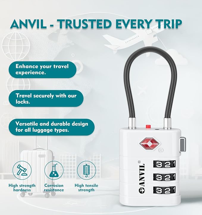 ANVIL TSA Approved Luggage Locks – High Security TSA008 Combination Travel Locks with Inspection Indicator for Suitcases and Backpacks. (2, White) - Image 4