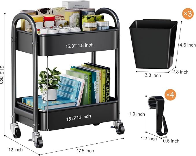 2 Tier Rolling Cart Metal on Wheels,Two Tiered Short Side Table with Wheels | Heavy Duty Under Desk Mobile Shelf Trolley, Small Utility Storage Carts Organizer for Craft, Art, Office,Kitchen,Black Basket - Image 7