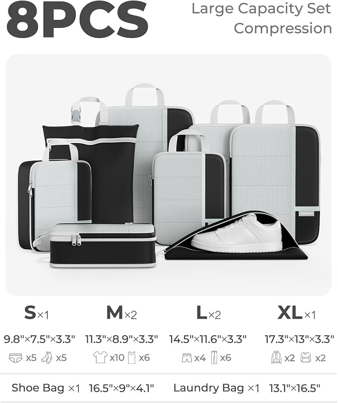 Percover Compression Packing Cubes for Travel, 8-Piece Structured Compression Organizer Set with Laundry Bag & Shoe Bag for Carry-On & Checked Luggage, Black - Image 2