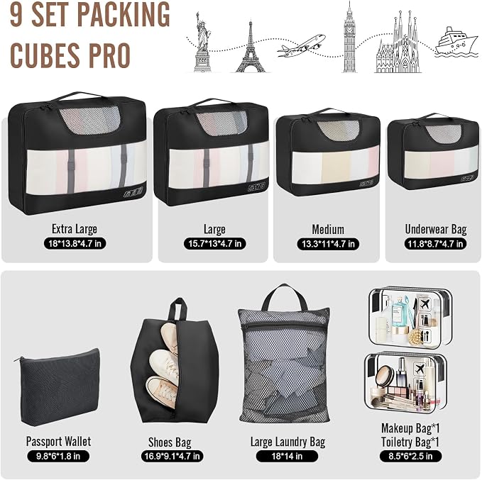 Veken 9 Set Packing Cubes for Travel,Anti-Wrinkle Buckled Suitcase Organizer with Shoe,Toiletry,Makeup Bag,Carry On Luggage Bag with 99+ Count Mesh Holes for Airplane & College Dorm Essentials - Image 2