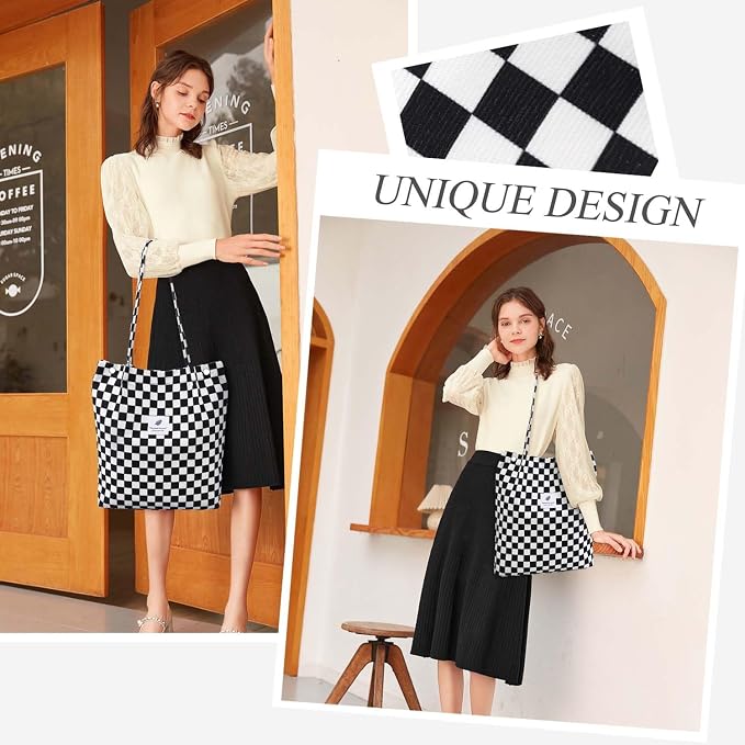 LHMTQVK Corduroy Tote Bags for Women, Large Capacity Tote Purse Reusable Grocery Shoulder Bag with Inner Pockets - Image 6