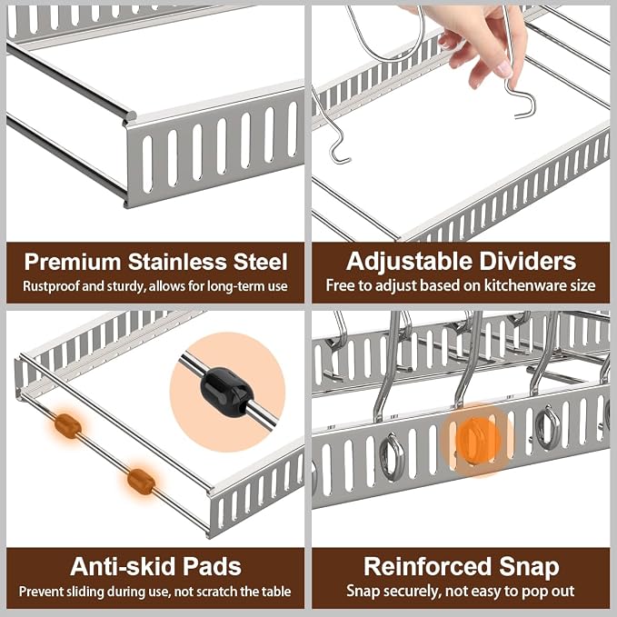 Housolution Pot and Pan Lid Organizer Holder Storage Rack, Silver | 12"-23" Expandable, 14 Adjustable Dividers, Sturdy Stainless Steel Construction, Easy Assembly - Image 3