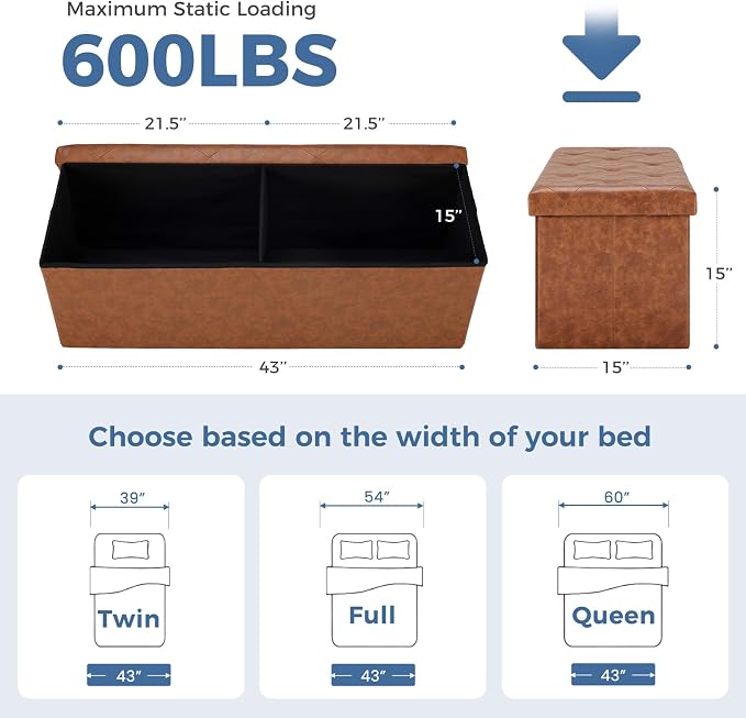 DUMOS 43 Inch Folding Storage Ottoman Bench, Large Ottoman with Storage | Storage Chest with Padded Seat, End of Bed Foot Rest Stool for Bedroom Living Room, Load 660 lbs, Synthetic Leather, Brown - Image 3