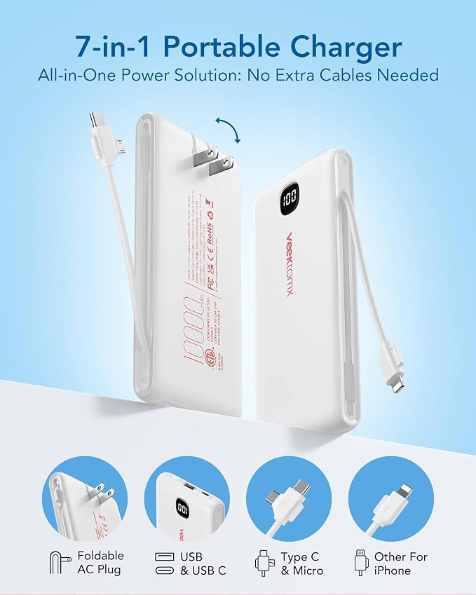 VEEKTOMX Portable Charger with Built-in Cables and AC Wall Plug, 10000mAh | Pocket-Size Travel Power Bank with USB-C and Micro-USB Cables for up to 4 Devices Including iPhone, iPad, Samsung and Kindle - Image 4