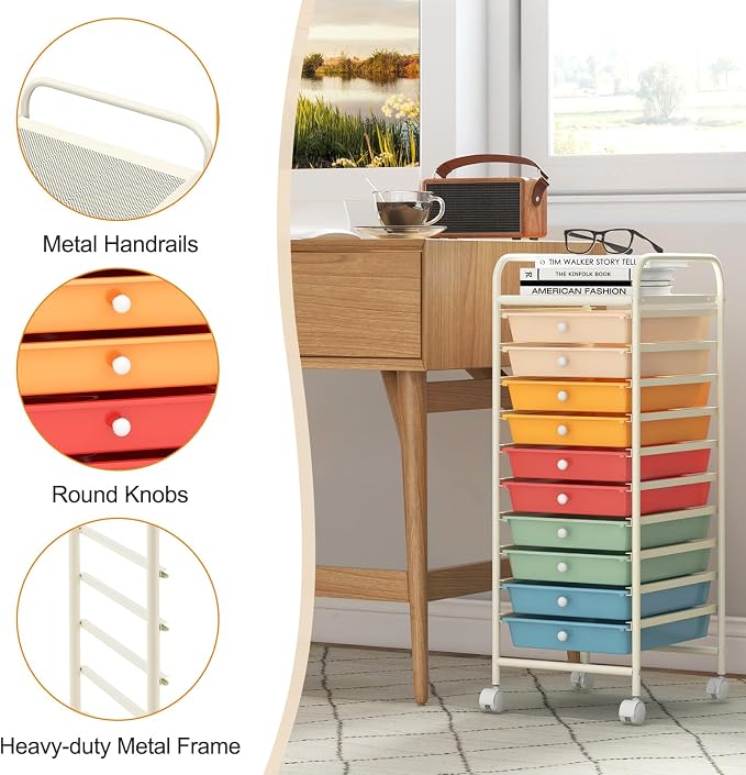 HOMGX Storage Cart with 10 Drawers, 10 Tiers Rolling Drawer Cart with 2 Lockable Wheels, Slim Rolling Storage Cart for Office/School/Home, Macaron - Image 4
