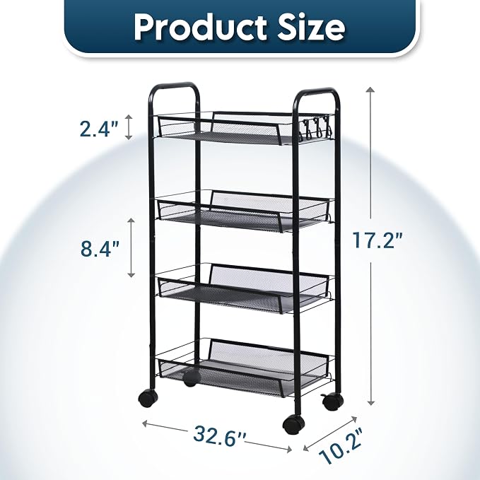 LOFTEY 4 Tier Rolling Cart, Small Metal Utility Cart with Wheels, Black | 10.2" Slim Width, Four Mesh Baskets, 15 lb Load Capacity per Basket, Tool-Free Assembly, Ideal for Bathroom & Snack Storage - Image 2