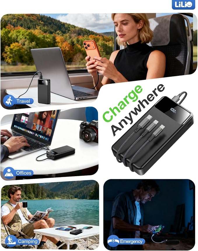 LILIO 60000mAh Portable Charger, 22.5W Fast Charging with 3 in 1 Cable | Charges 5 Devices, LED Display, Fits Camping, Road Trips, Hiking, Emergencies, for iPhone 17-12/Samsung/Android/iPad - Image 9