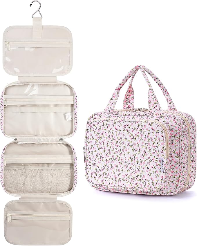 Narwey Hanging Toiletry Bag for Women Travel Makeup Bag Organizer Toiletries Bag for Travel Size Essentials Accessories Cosmetics (Pink Flower (Medium)) by Narwey