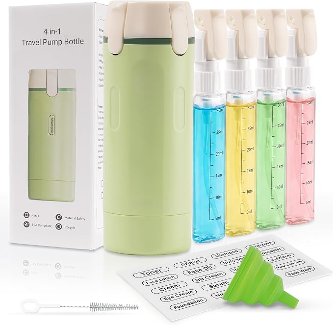 4-in-1 Travel Dispenser, 4 Pack 30ML Travel Bottles with Stickers for Toiletries – TSA Approved Leak Proof Refillable Containers for Shampoo, Conditioner, Creams, Lotions (Green) by Jungsang