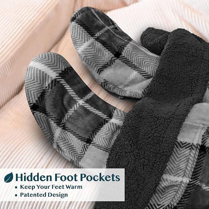 PAVILIA Sherpa Blanket with Sleeves, Foot Pocket for Women Men Adults, Thick Wearable Blanket Throw Wrap, Fleece Warm Snuggle Blanket Robe, Cozy Gift Ideas Wife Mom, Plaid Gray - Image 2