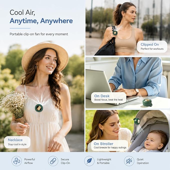 Portable Clip-on Fan Silent Bladeless Mini Fan | 360°Rotation 3-speed Modes Whirlwind Waist Clips Fans Hands-Free Cooling Fan Outdoor Trip Work Travel Green - Image 6