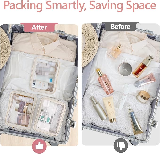 TSA Approved Toiletry Bag - Clear Makeup Bag Travel, 4 Medium Beige | Quart Size for Carry-On, Reinforced Seams, Water-resistant, Smooth Metal Zipper, Clear Easy-Check for Airport Hotels, Women - Image 8