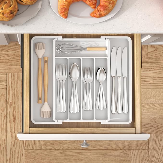Lifewit Expandable Silverware Drawer Organizer, Kitchen Utensil Tray | BPA-free Plastic Flatware Cutlery Holder, Space-Saving Storage for Spoons Forks Knives, 8.5-14 x 12 x 1.5“, White - Image 8