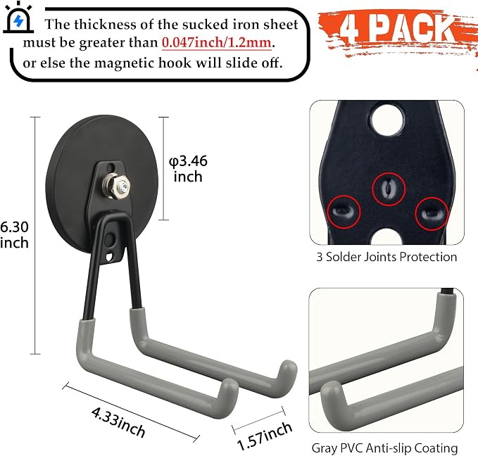 ULIBERMAGNET Magnetic Hooks,Heavy Duty Magnet Hooks,Large Manget with Hooks for Metal Cabinet Pegboard Garage Shelve Cart,4 Pack Tool Hook for Hammer Drill,Garden Tool(3.46inch/Silver) - Image 2