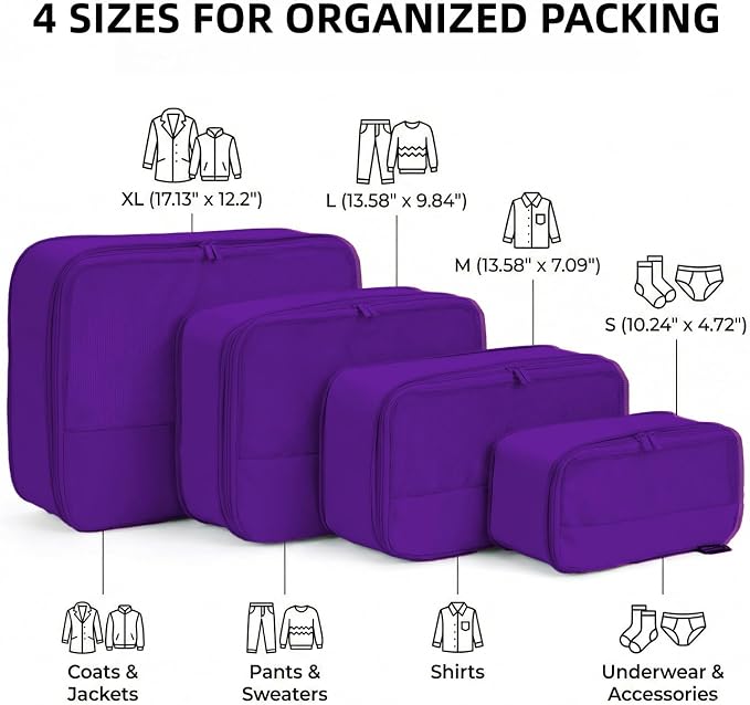 4 Piece Compression Packing Cubes for 3–7 Day Travel, Space Saving Travel Organizers with Breathable Mesh, Double-Zipper Packing Cubes for Carry-On & Suitcases (Lavender) - Image 3