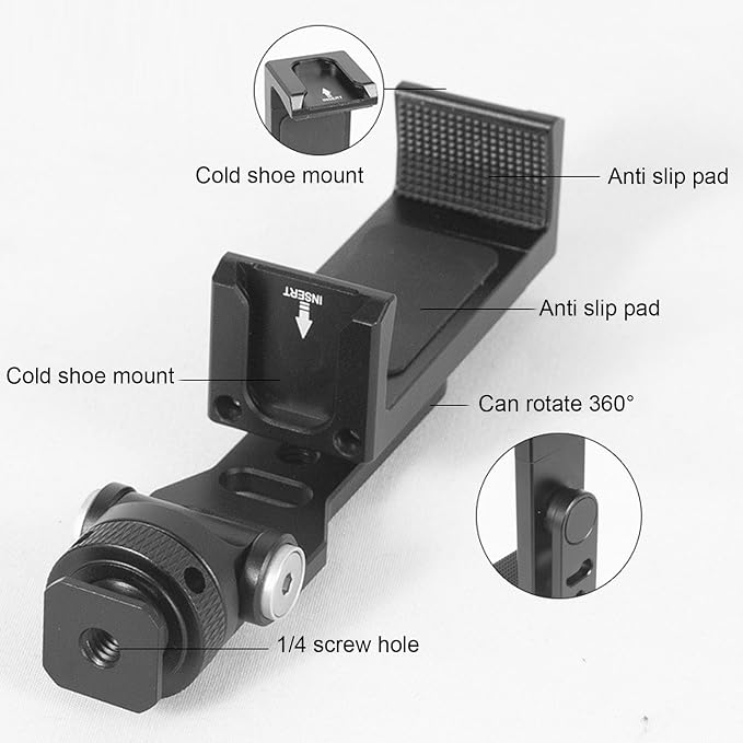 Asixxsix Phone Tripod Mount, 360 Rotation Hot Shoe Phone Mount with 2 Cold Shoe, 1/4In Screw Interface Smartphone Adapter Aluminum Alloy for Vlogging Rig, Photography - Image 6