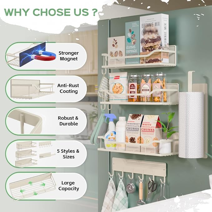 5 Pack Multifunctional Magnetic Shelves for Refrigerator Spice Rack & Washing Machine Organize, Include Paper Towel Holder, Kitchen Utensil Hanger and Hooks, Strong Magnet for Secure Hold (Cream) - Image 6